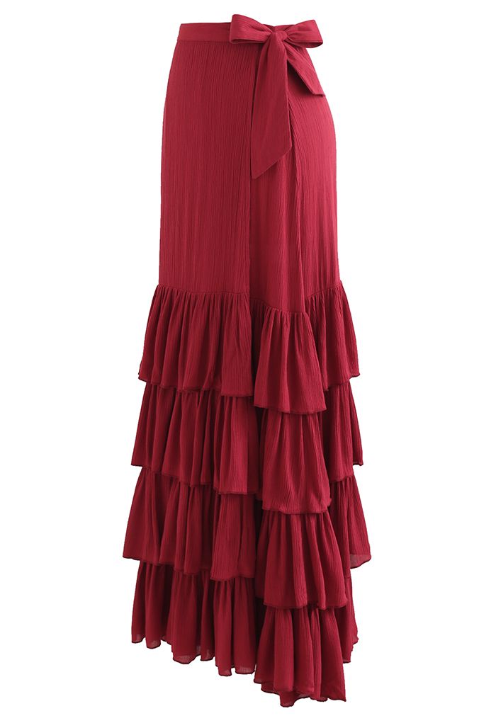 Tie-Waist Ruffle Ruched Tiered Maxi Skirt - Retro, Indie and Unique Fashion