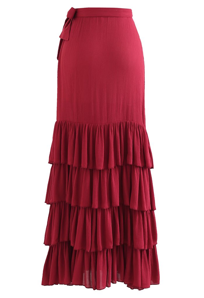 Tie-Waist Ruffle Ruched Tiered Maxi Skirt