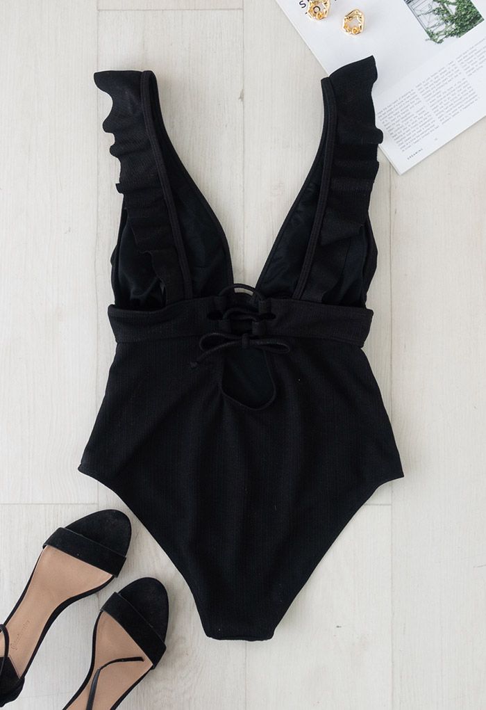 Deep-V Lace-Up Ruffle Swimsuit in Black