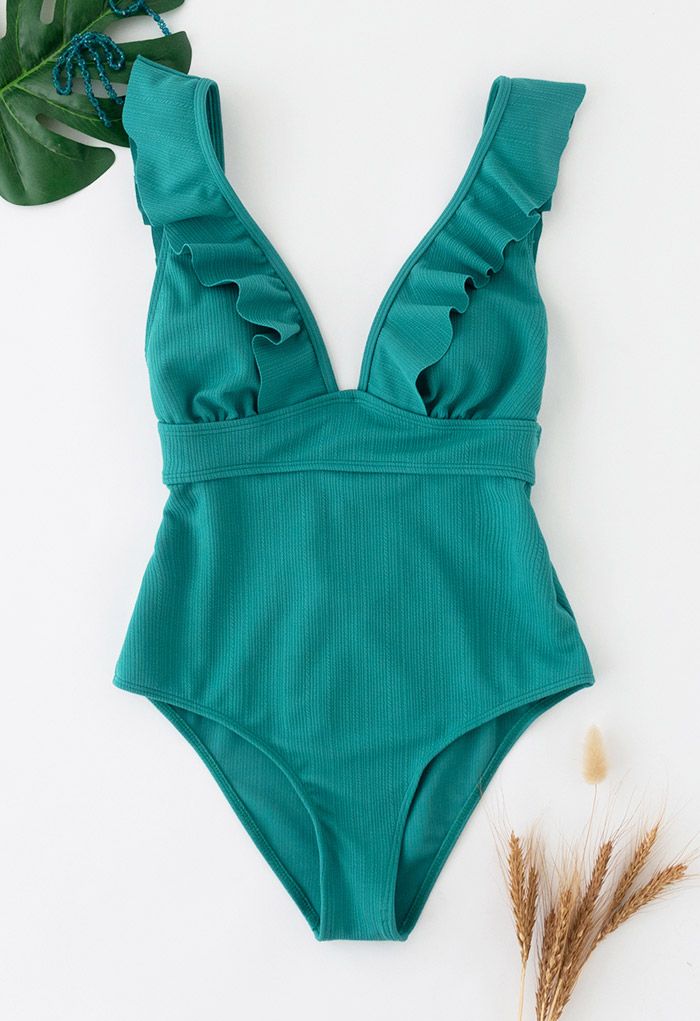 Deep-V Lace-Up Ruffle Swimsuit in Turquoise