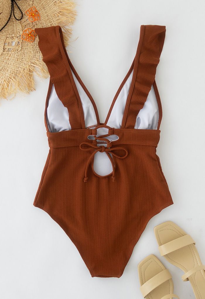 Deep-V Lace-Up Ruffle Swimsuit in Caramel
