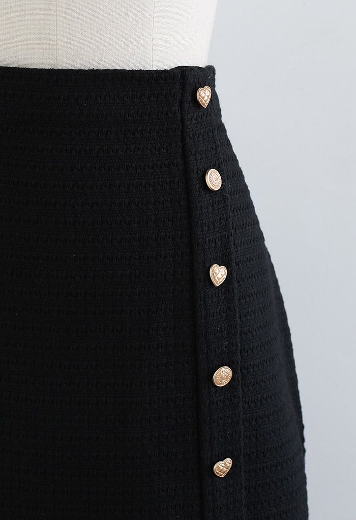 Distinctive Buttons Front Split Tweed Pencil Skirt