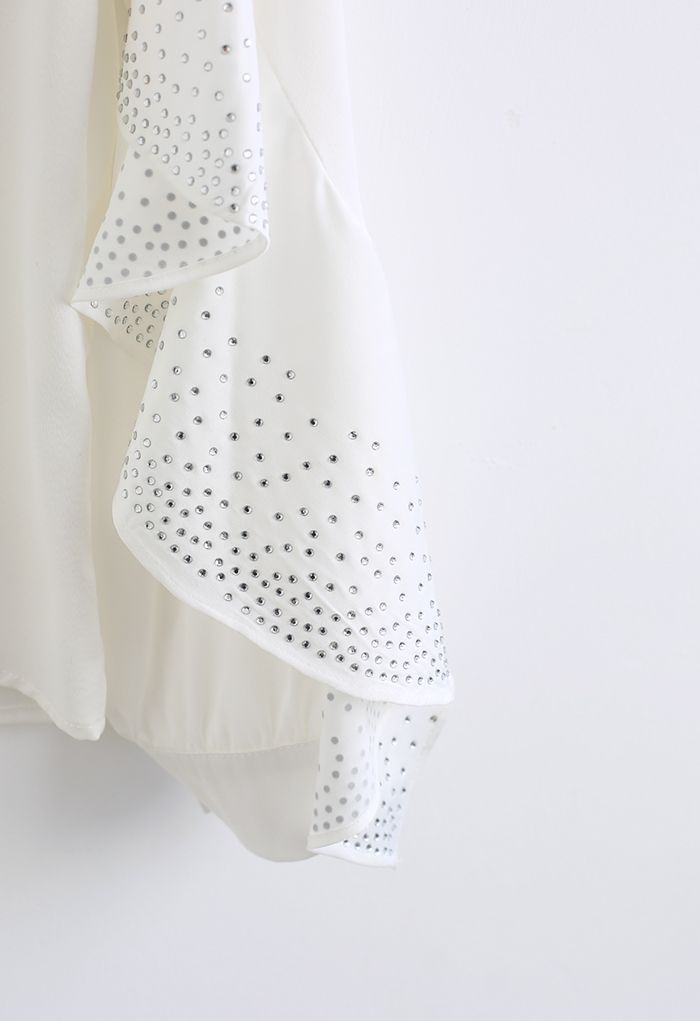 Crystal Ruffle Sleeve Satin Shirt in White