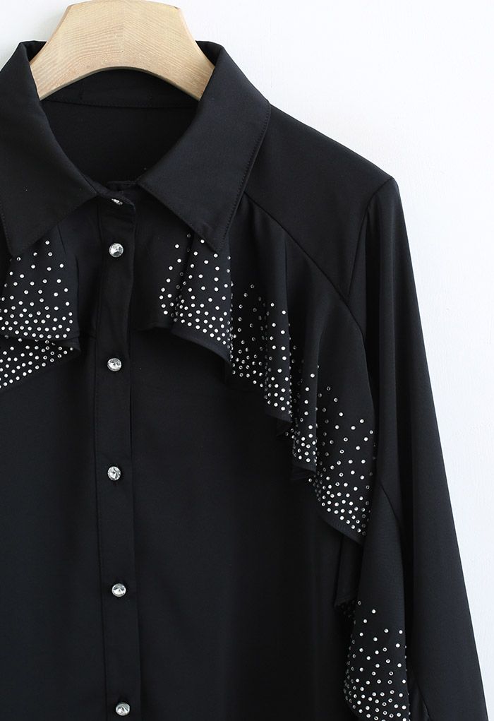 Crystal Ruffle Sleeve Satin Shirt in Black