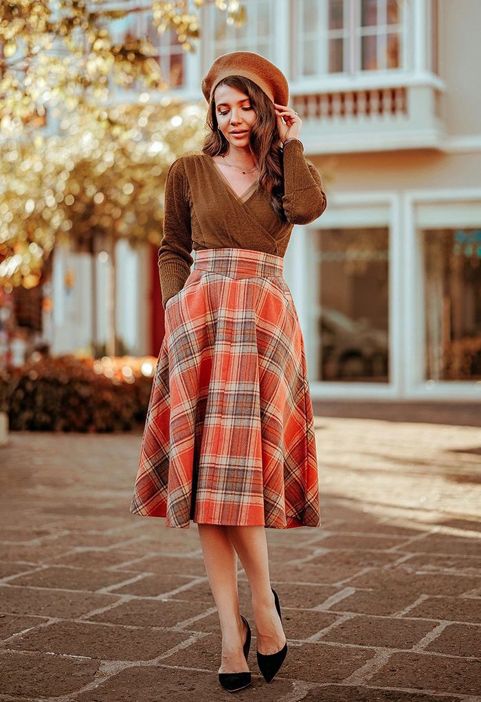 Multicolor Check Print Wool-Blend A-Line Skirt