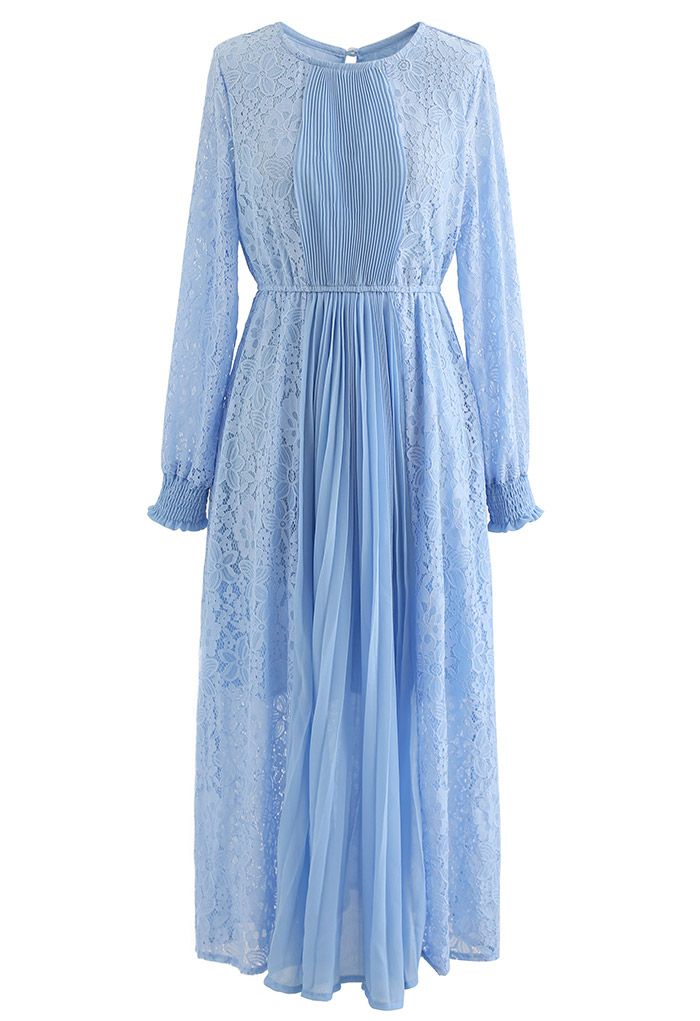 Floral Lace Splice Pleated Midi Dress in Blue