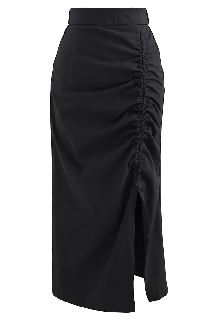 Puff Sleeve Crop Top and Drawstring Pencil Skirt Set in Black