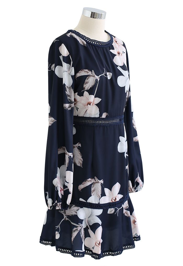 Magnolia Blossom Navy Chiffon Frilling Dress