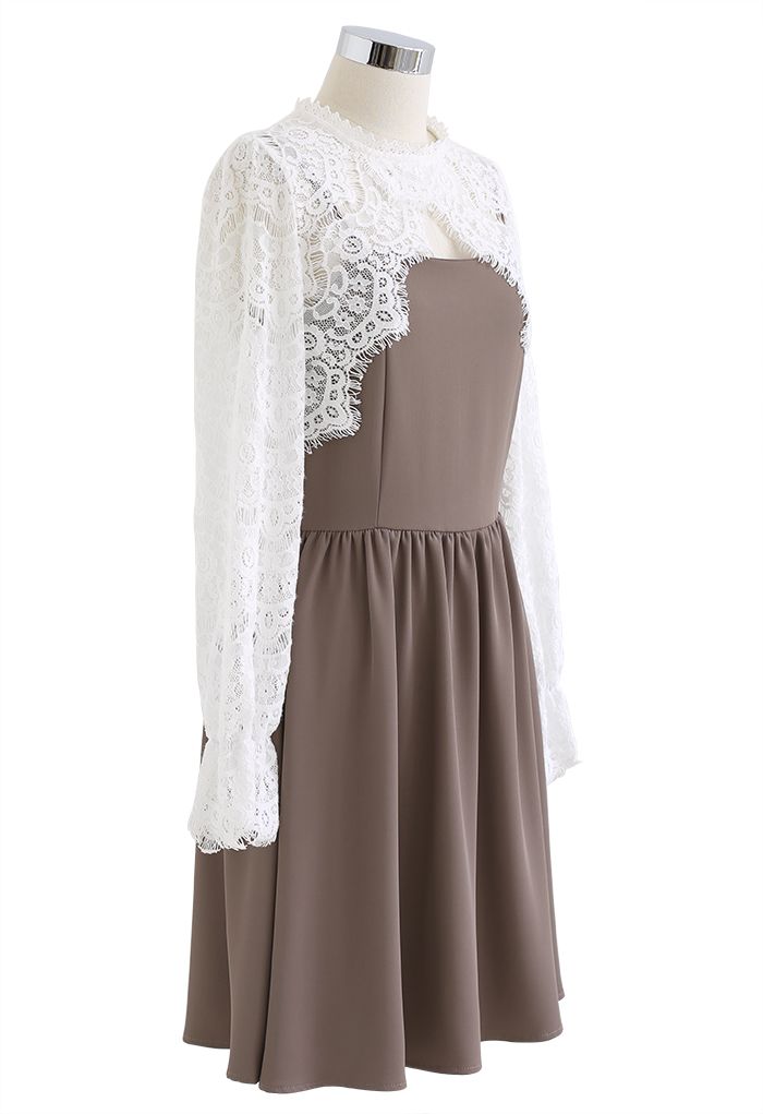 Floral Lace Cape Top and Cami Dress Set in Taupe