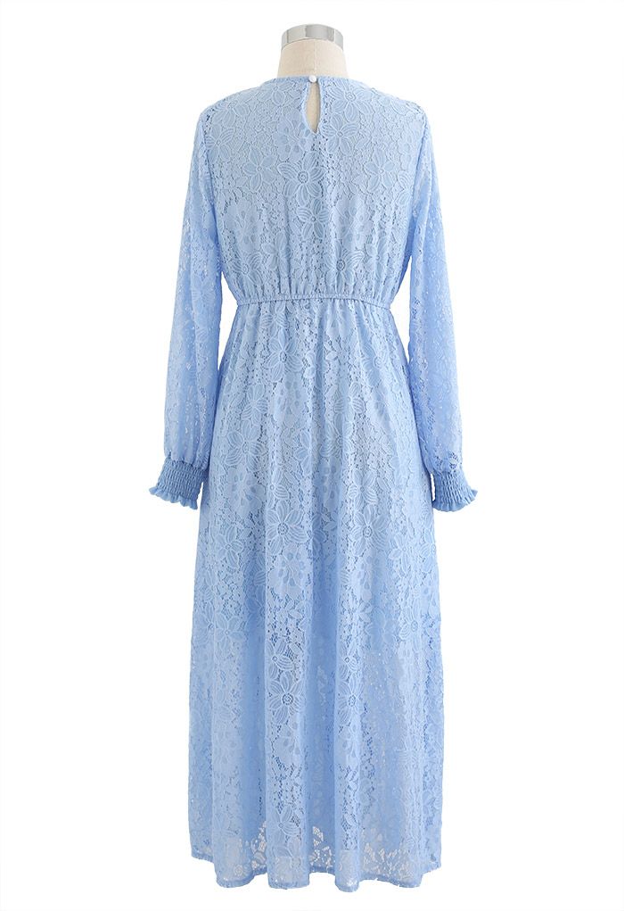 Floral Lace Splice Pleated Midi Dress in Blue