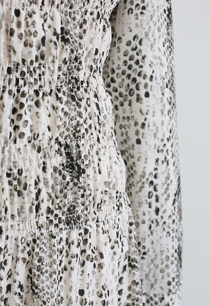 Snake Print Shirred Waist Midi Dress in Ivory