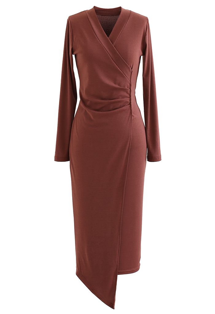 Ruched V-Neck Flap Bodycon Midi Dress in Rust Red
