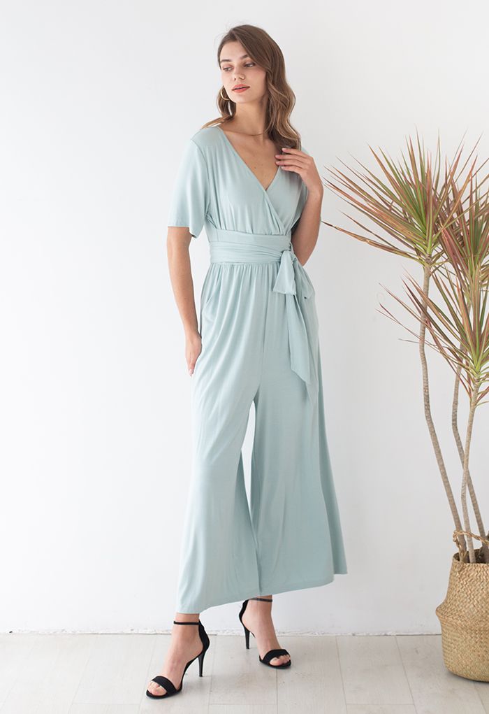 Short-Sleeve Belted Wide-Leg Cotton Jumpsuit in Pea Green
