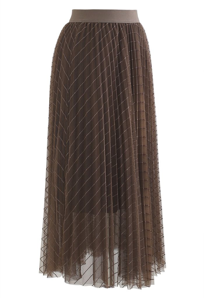 Glitter Stripe Pleated Mesh Skirt in Brown