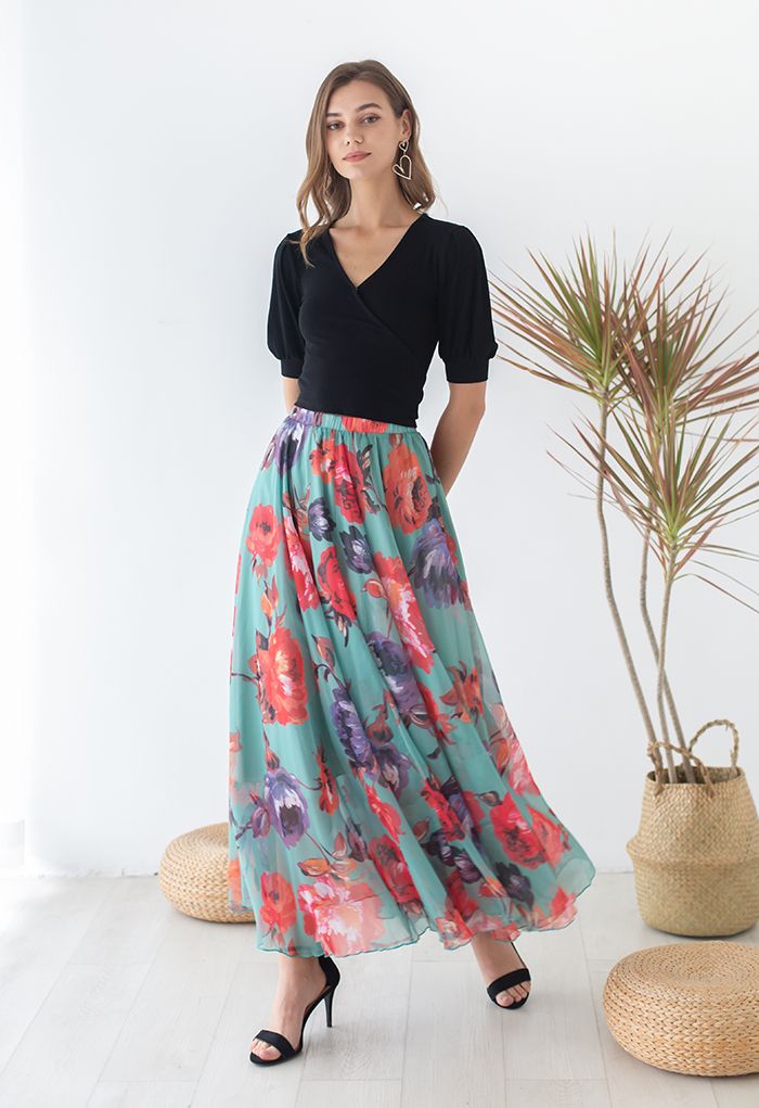 Full-Blown Flowers Chiffon Maxi Skirt
