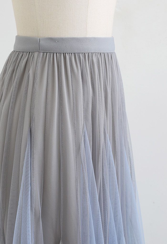 Color Block Panelled Mesh Frilling Maxi Skirt in Dusty Blue