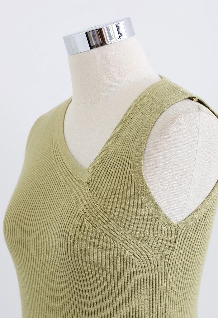 Oblique V-Neck Knit Tank Top in Moss Green