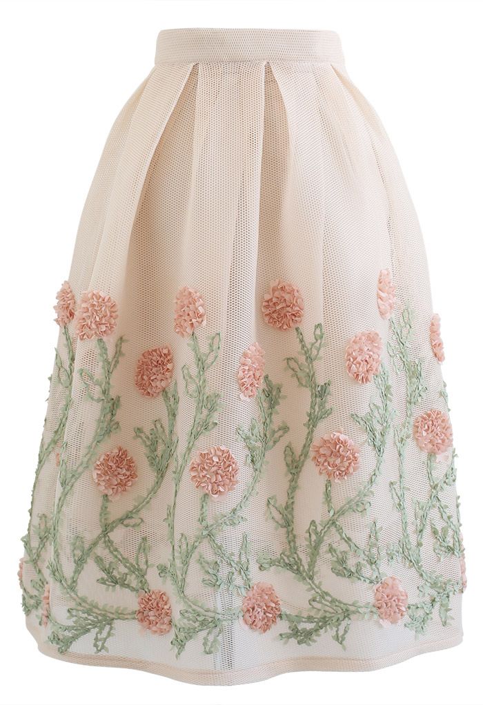 3D Flower Vine Airy Honeycomb Pleated Skirt in Cream