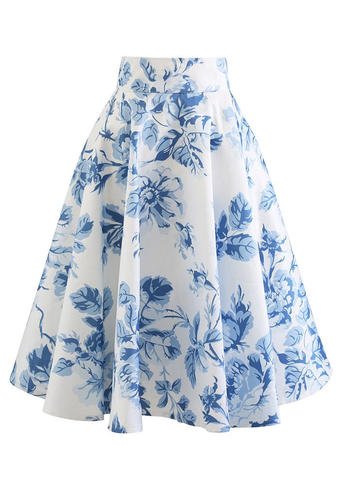 Blue Watercolor Peony Flare Midi Skirt