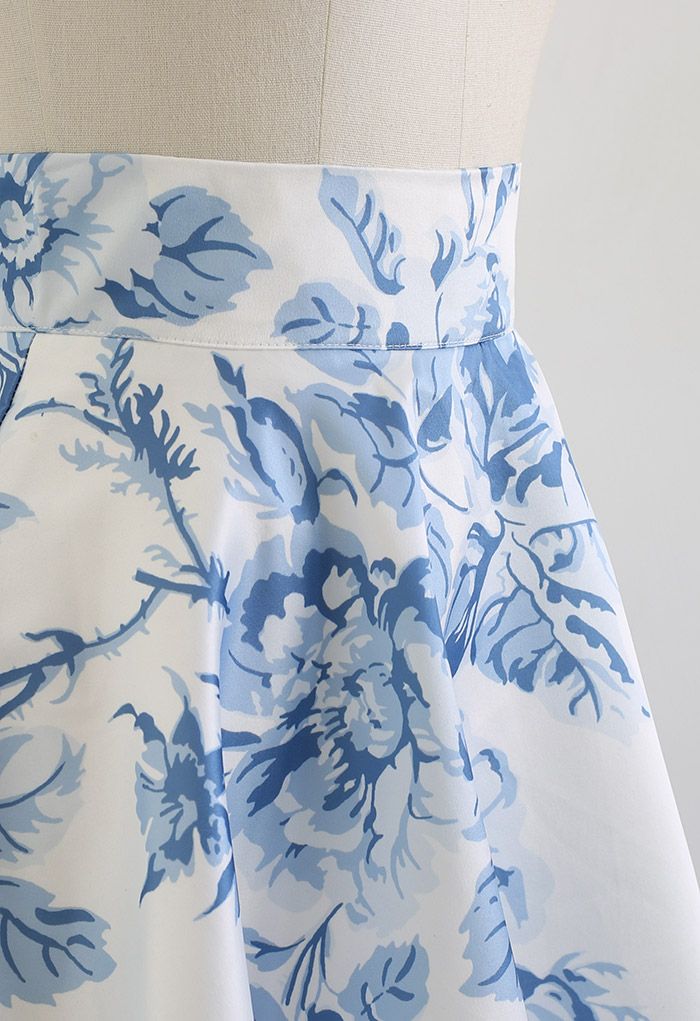 Blue Watercolor Peony Flare Midi Skirt