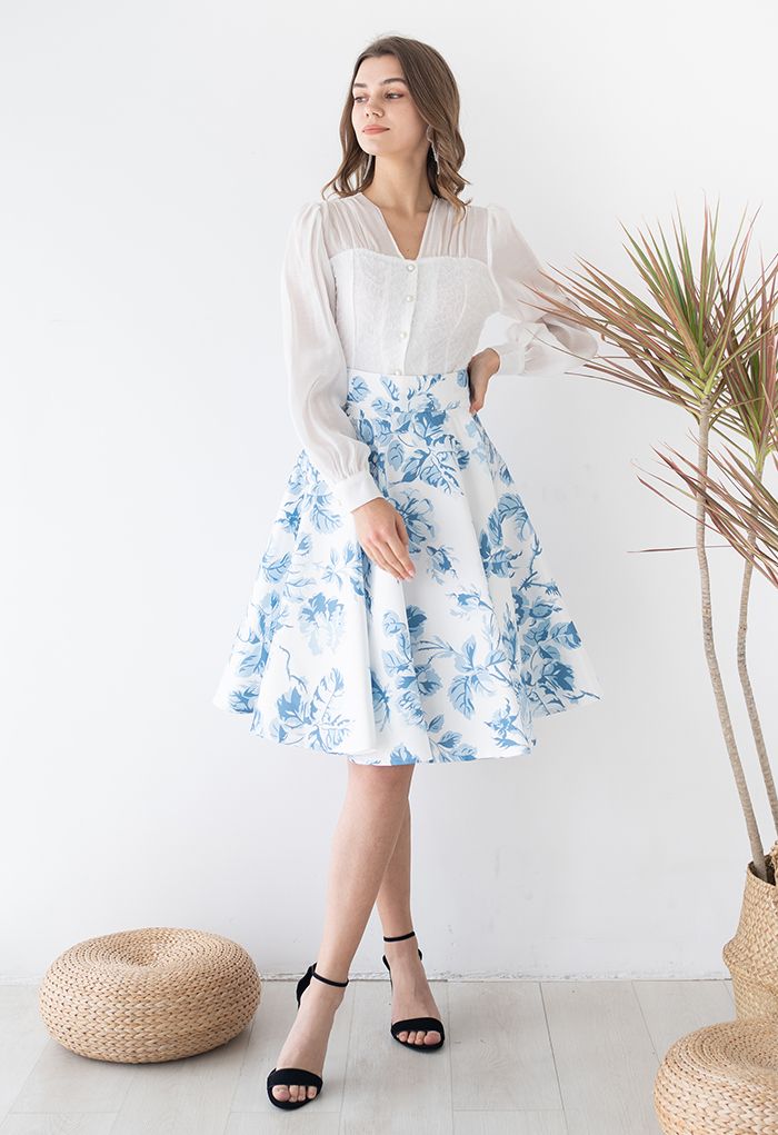 Blue Watercolor Peony Flare Midi Skirt