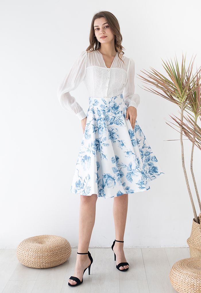 Blue Watercolor Peony Flare Midi Skirt