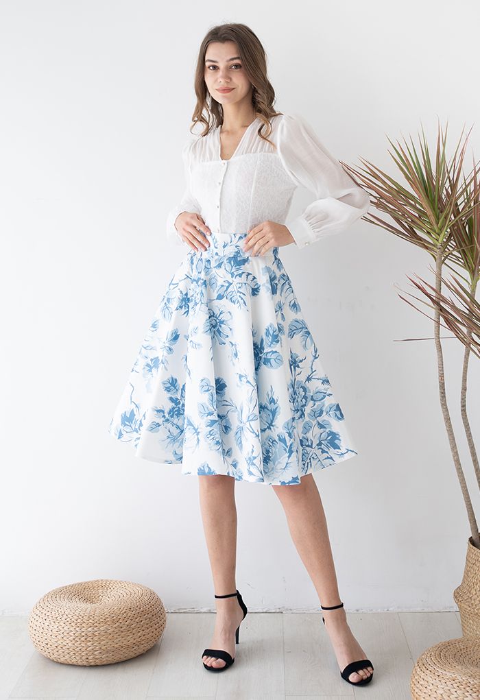 Blue Watercolor Peony Flare Midi Skirt