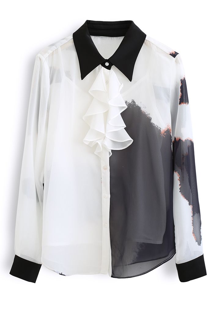 Inky Painting Ruffle Trim Button Down Shirt in White