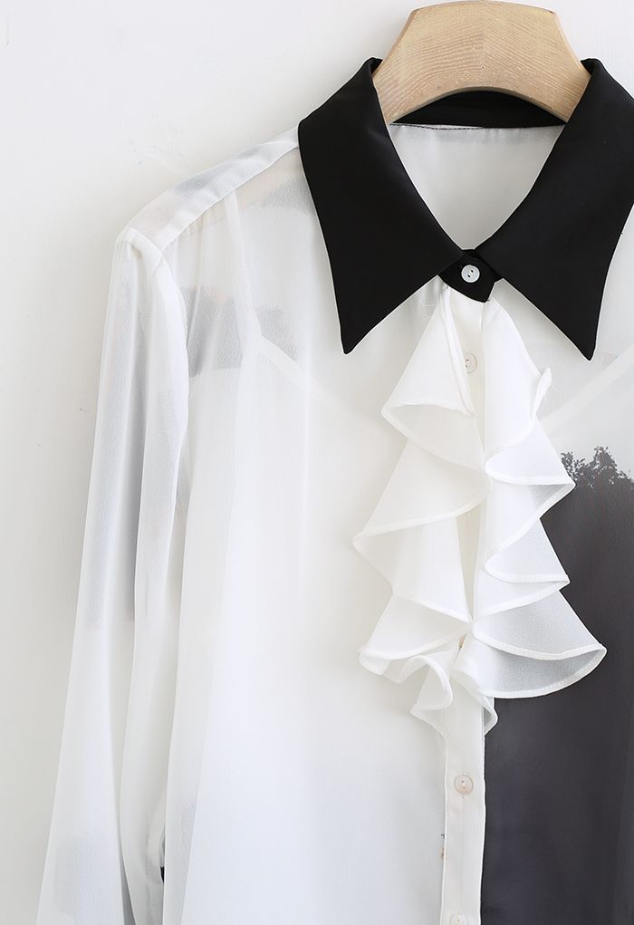 Inky Painting Ruffle Trim Button Down Shirt in White