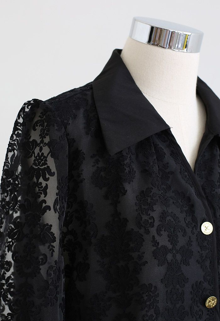 Floral Jacquard Semi-Sheer Organza Shirt in Black