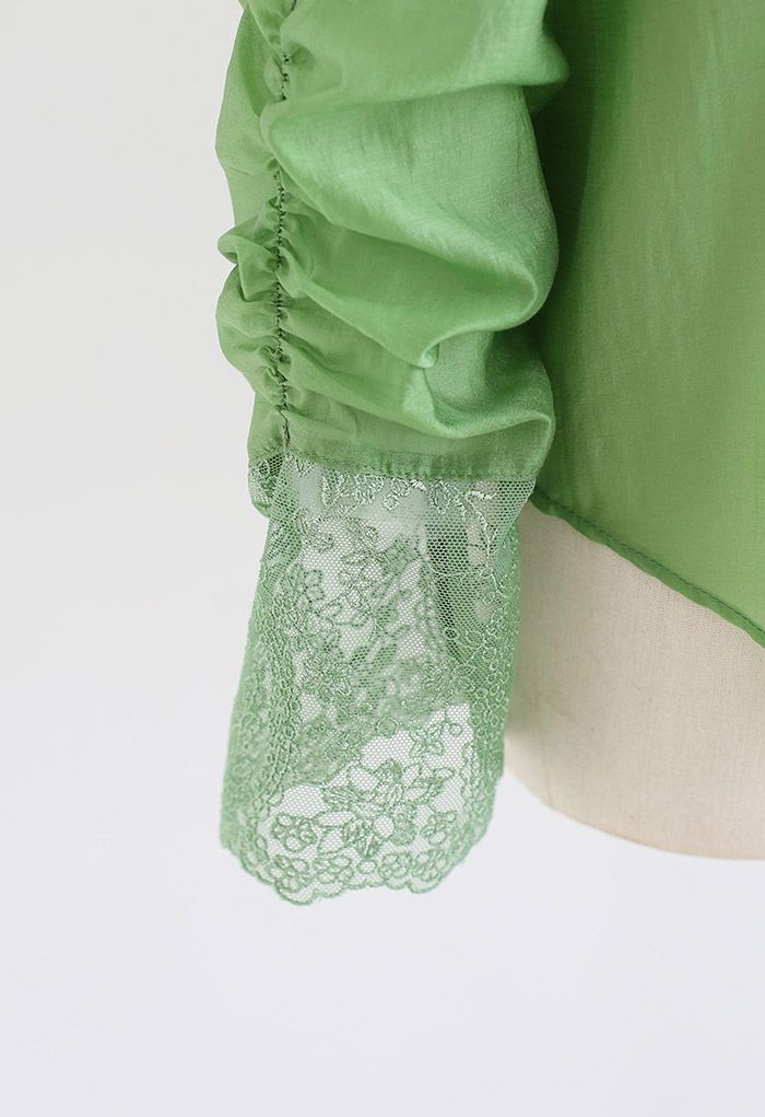 Floral Mesh Inserted Semi-Sheer Shirt in Green