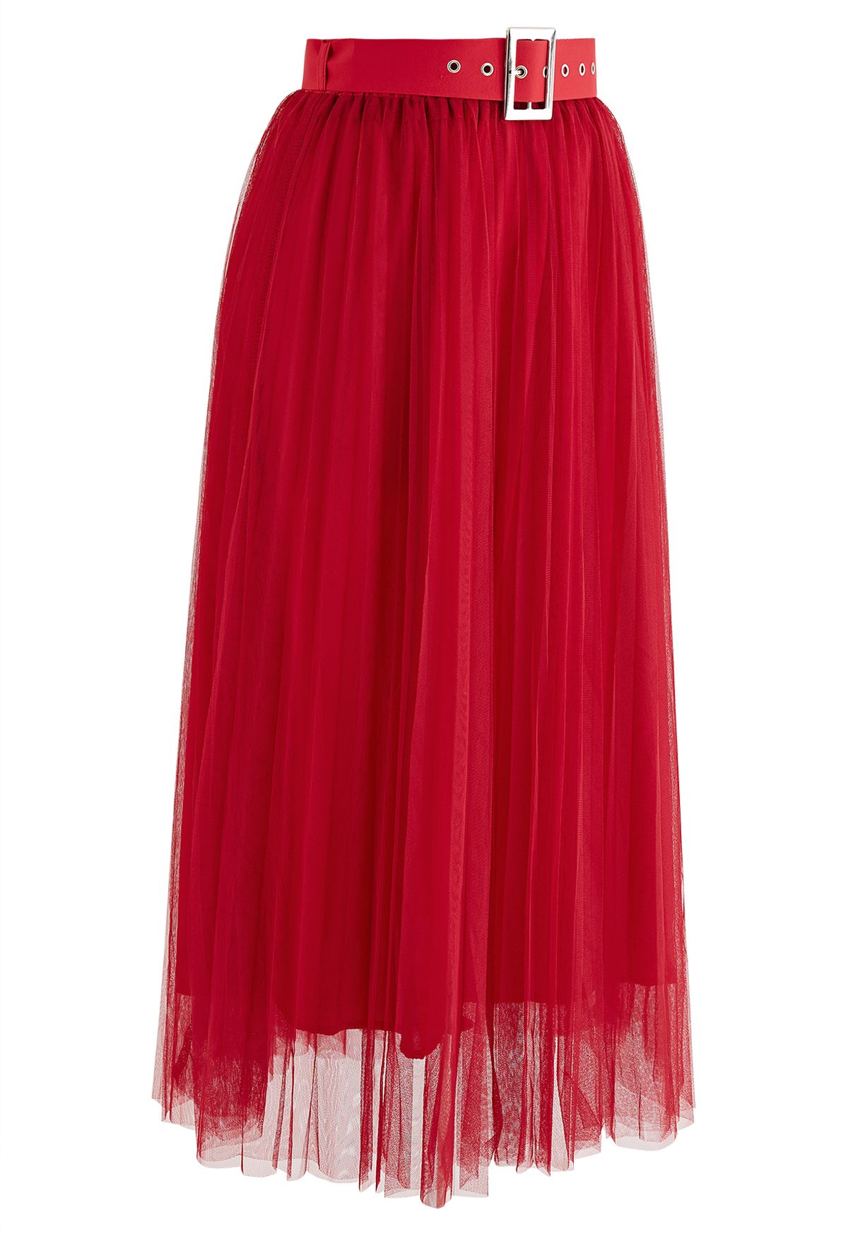 Full Pleated Double-Layered Mesh Midi Skirt in Red