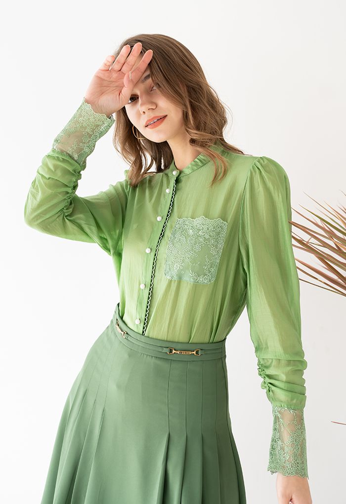 Floral Mesh Inserted Semi-Sheer Shirt in Green
