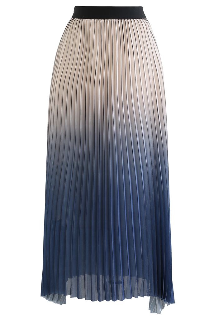 Gradient Shimmer Line Pleated Maxi Skirt in Blue