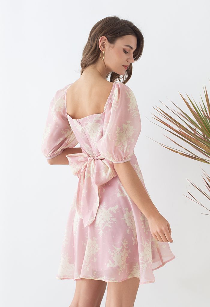 Cross Front Tie Back Pink Floral Dress