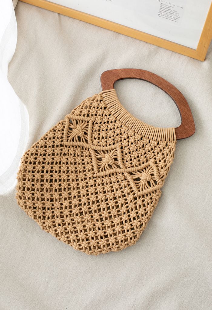Wood Handle Woven Handbag