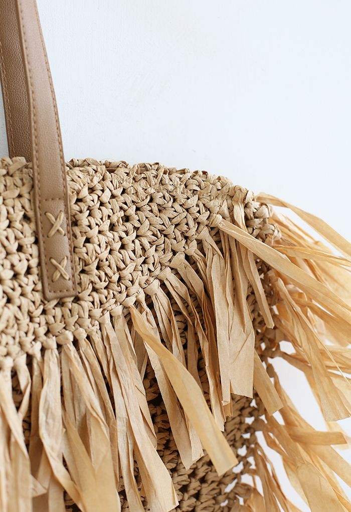 Fringed Woven Straw Shoulder Bag in Tan