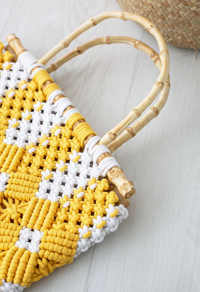 Bamboo Handle Two-Tone Woven Handbag in Yellow