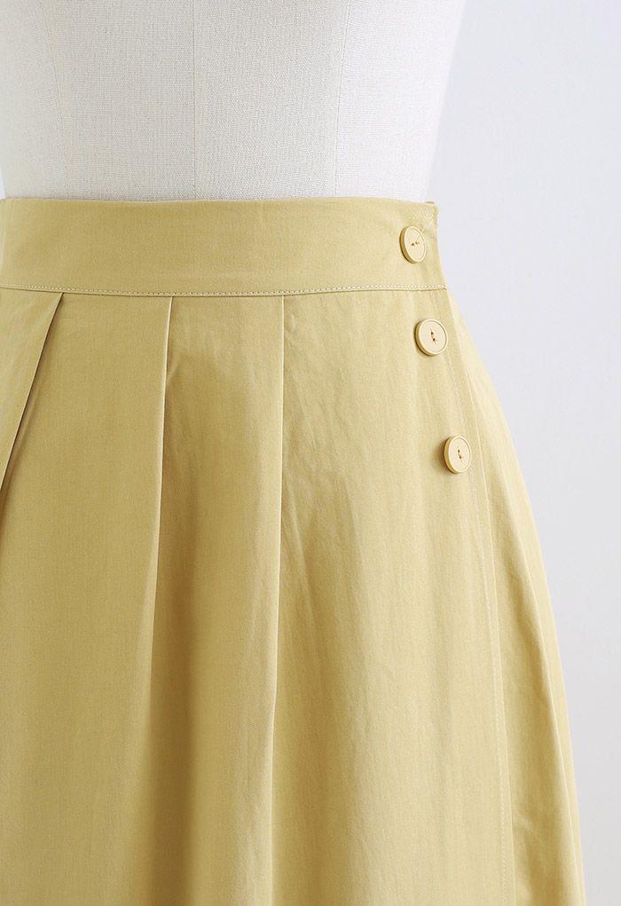 Button Trim Side Pocket Flap Midi Skirt in Mustard