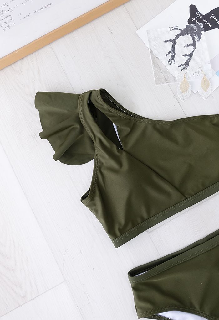 Army Green Ruffled Cutout One-Shoulder Bikini Set