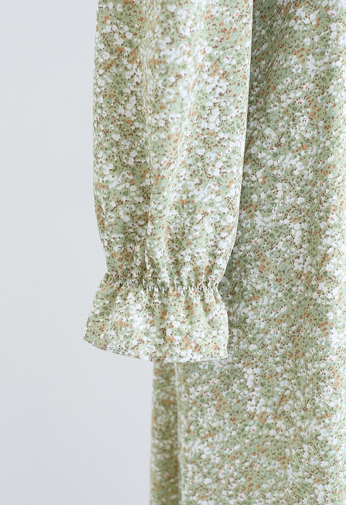 Ditsy Floral Ruffle V-Neck Midi Dress in Green