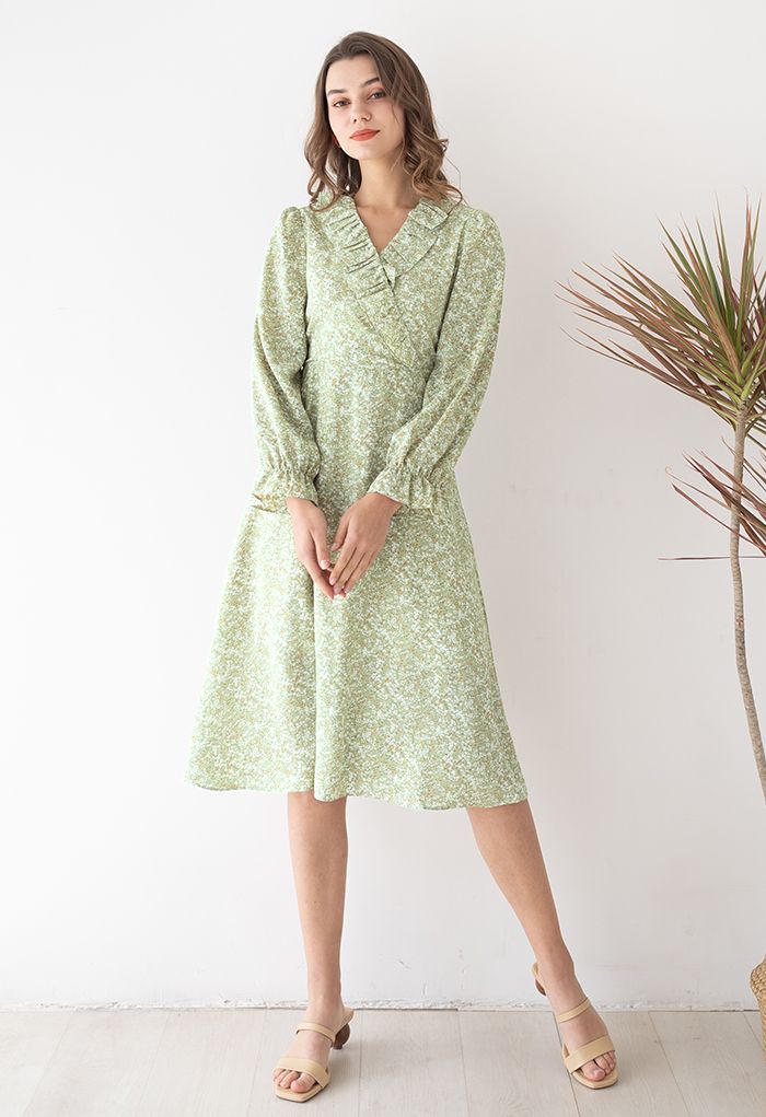 Ditsy Floral Ruffle V-Neck Midi Dress in Green