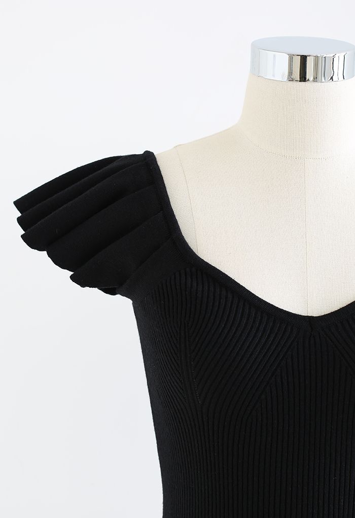 Flutter Sleeve Fitted Ribbed Knit Top in Black