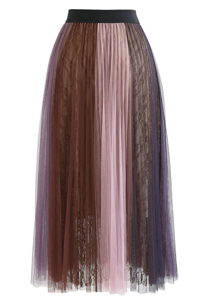 Color Blocked Lace Pleated Tulle Skirt in Pink