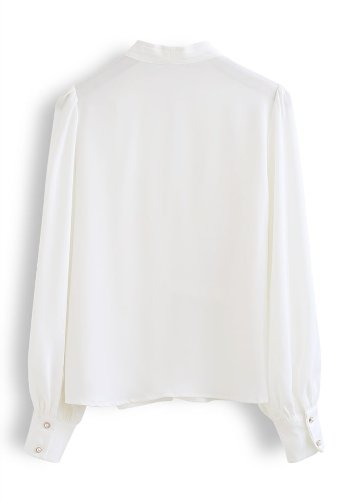 Buttoned Surplice Sleek Satin Top in White