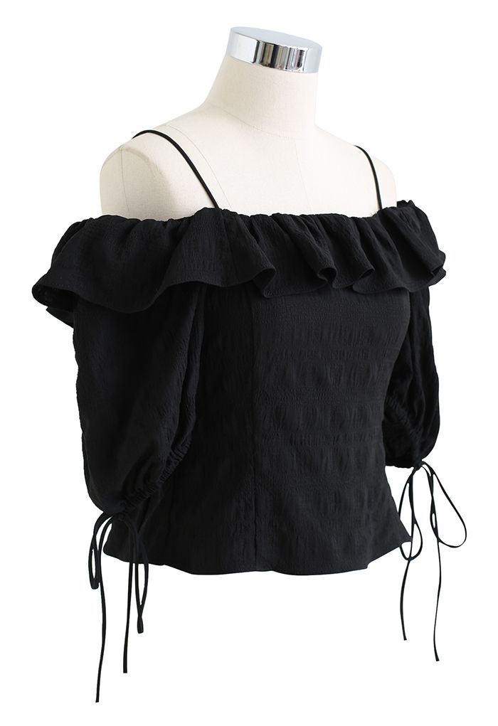 Ruffled Cold-Shoulder Embossed Crop Top in Black