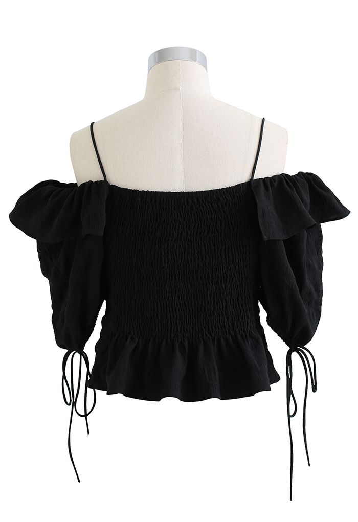 Ruffled Cold-Shoulder Embossed Crop Top in Black