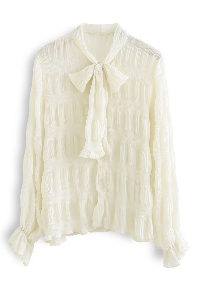 Bowknot Neck Shirred Semi-Sheer Shirt in Cream