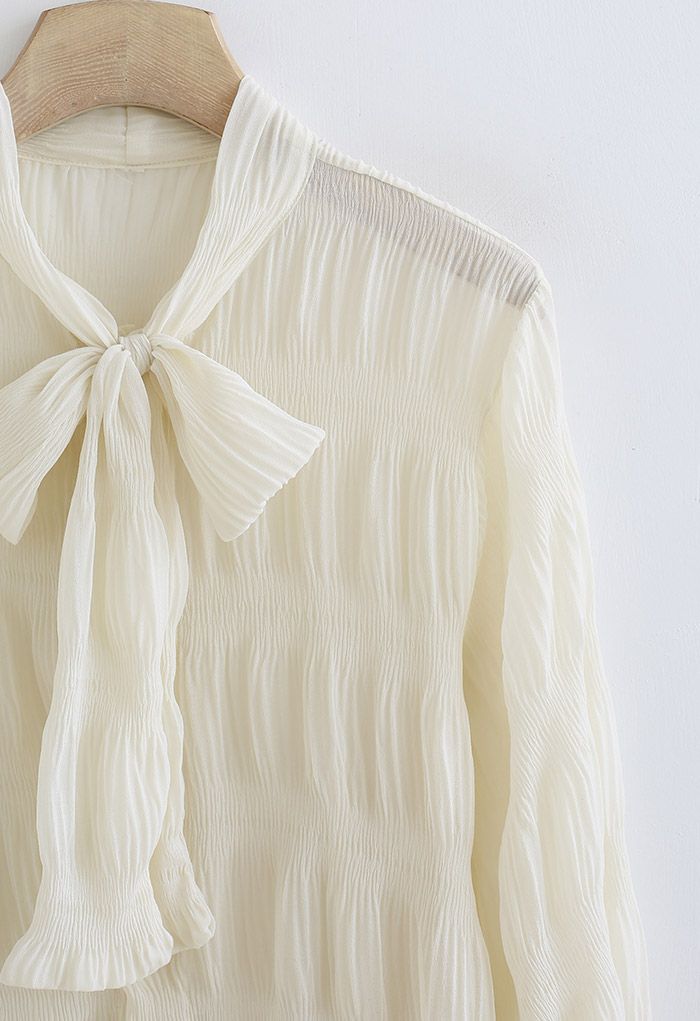 Bowknot Neck Shirred Semi-Sheer Shirt in Cream