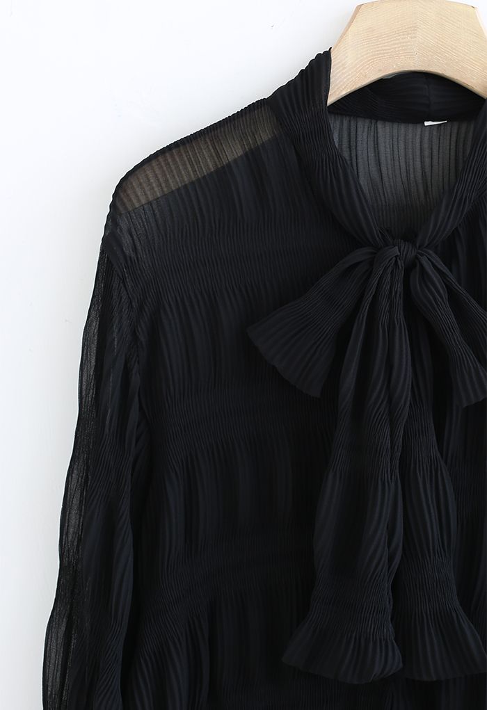 Bowknot Neck Shirred Semi-Sheer Shirt in Black